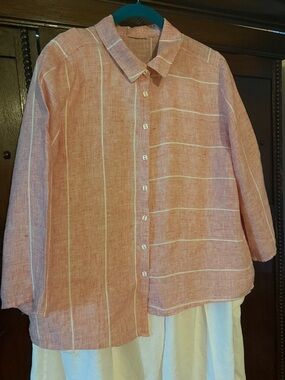 Linen Blouse - HABITAT - Abstract Light Red & White Stripe Button-Up - SZ Small